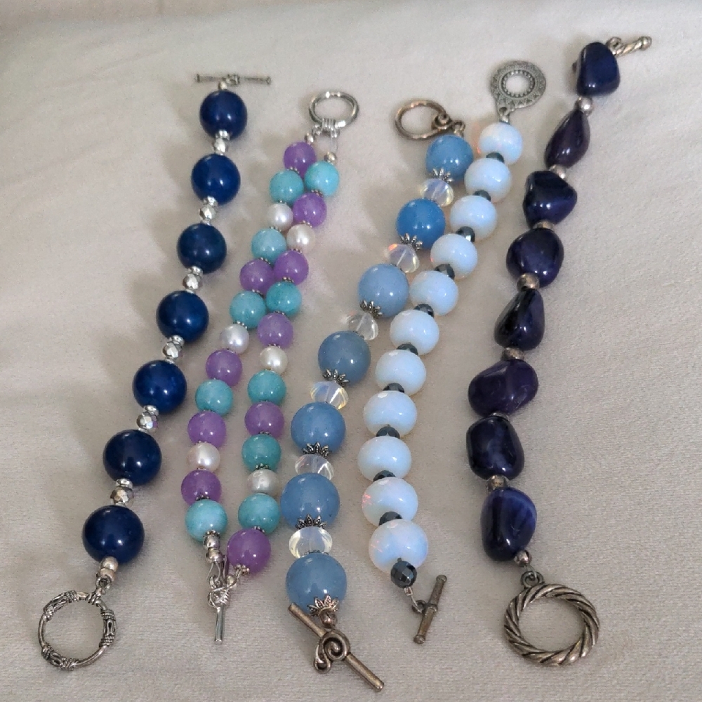 5 Multi-Color Beaded Bracelets, Set, Genuine Gemstones, New, Blue & Purple Mix
